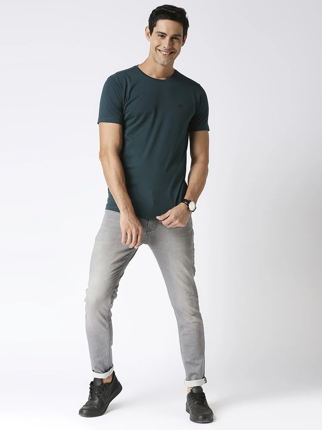 Bottle Green Jersey Lycra Round Neck T-shirt