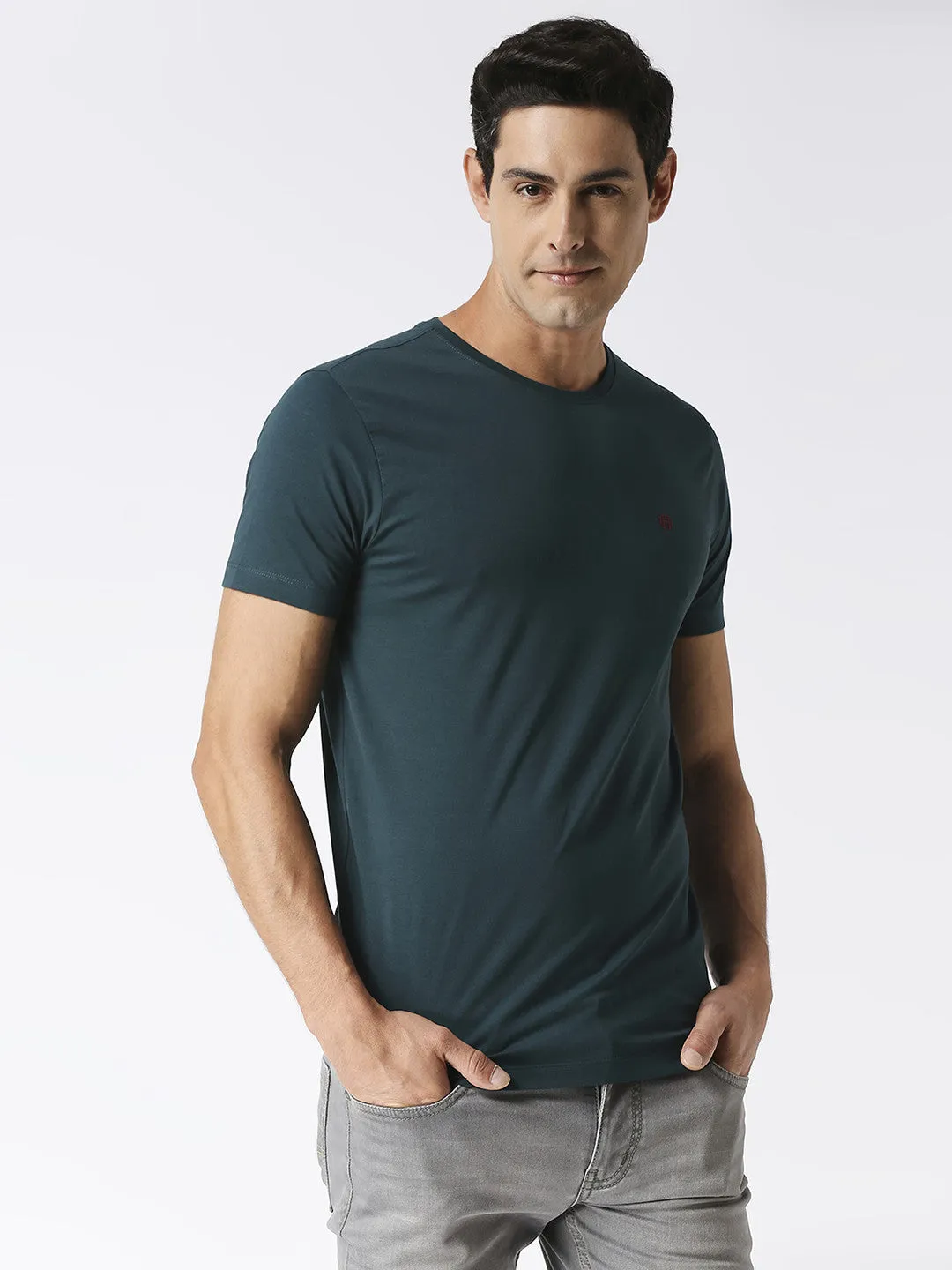 Bottle Green Jersey Lycra Round Neck T-shirt