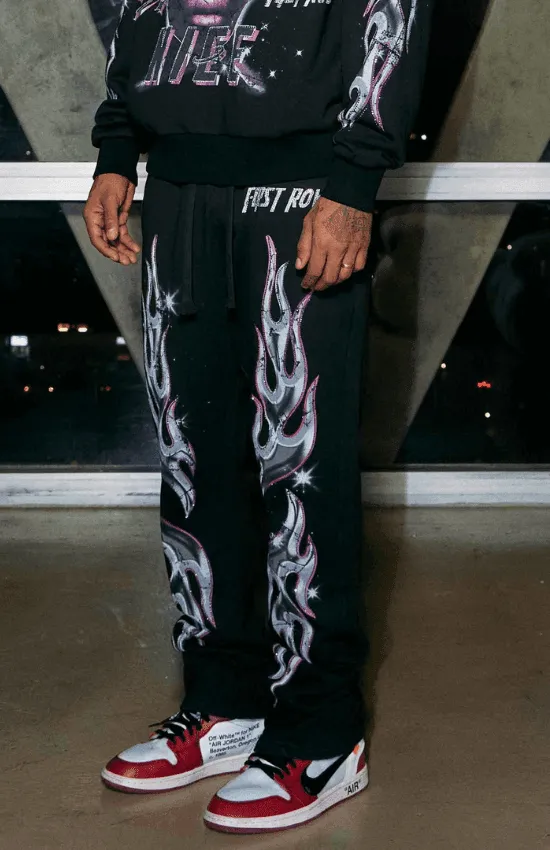 Daniel Flare Fit First Row Washing Sweatpants With Primium Prints And Rhinestone