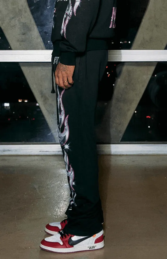 Daniel Flare Fit First Row Washing Sweatpants With Primium Prints And Rhinestone