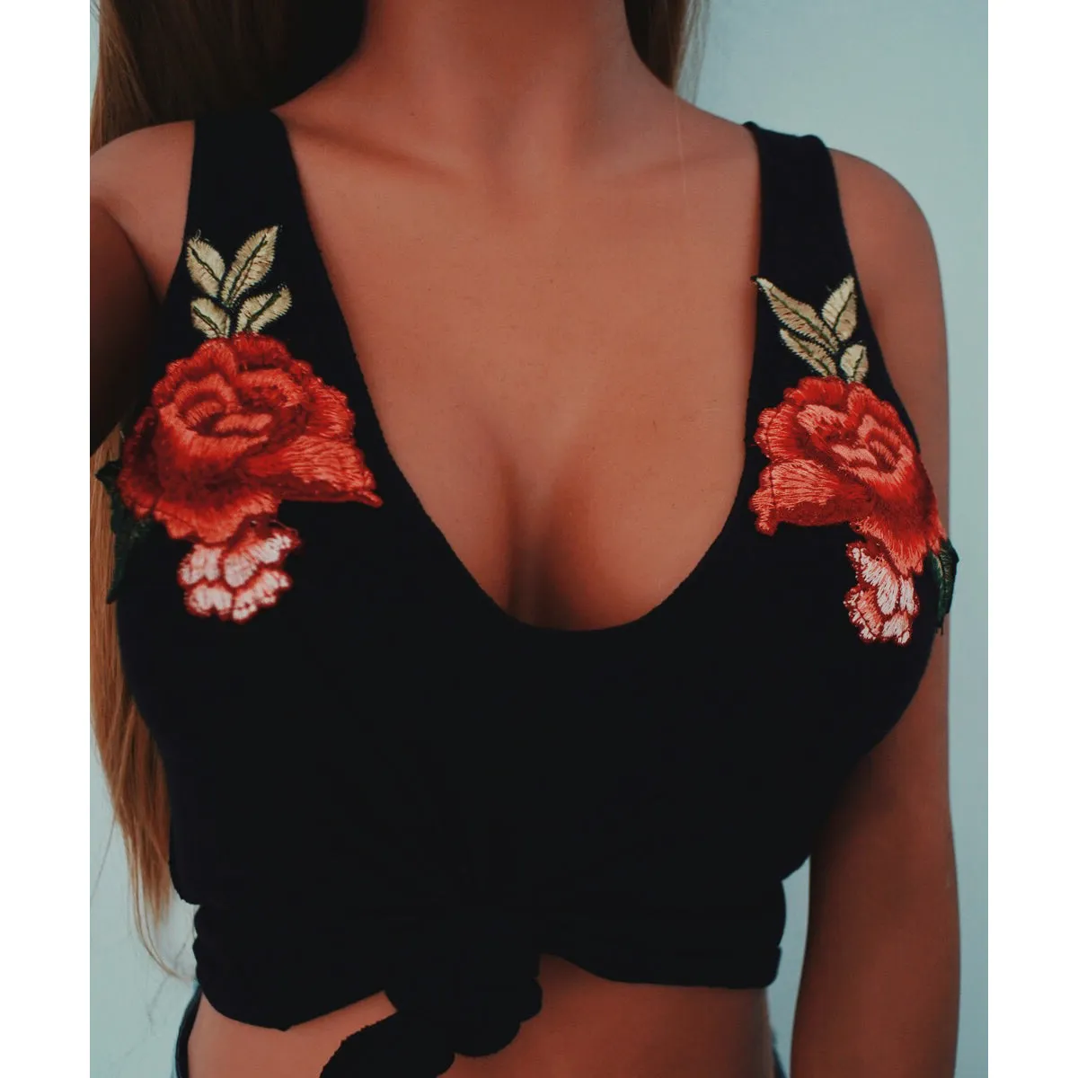 Embroidery Deep V-neck Straps Tank Top