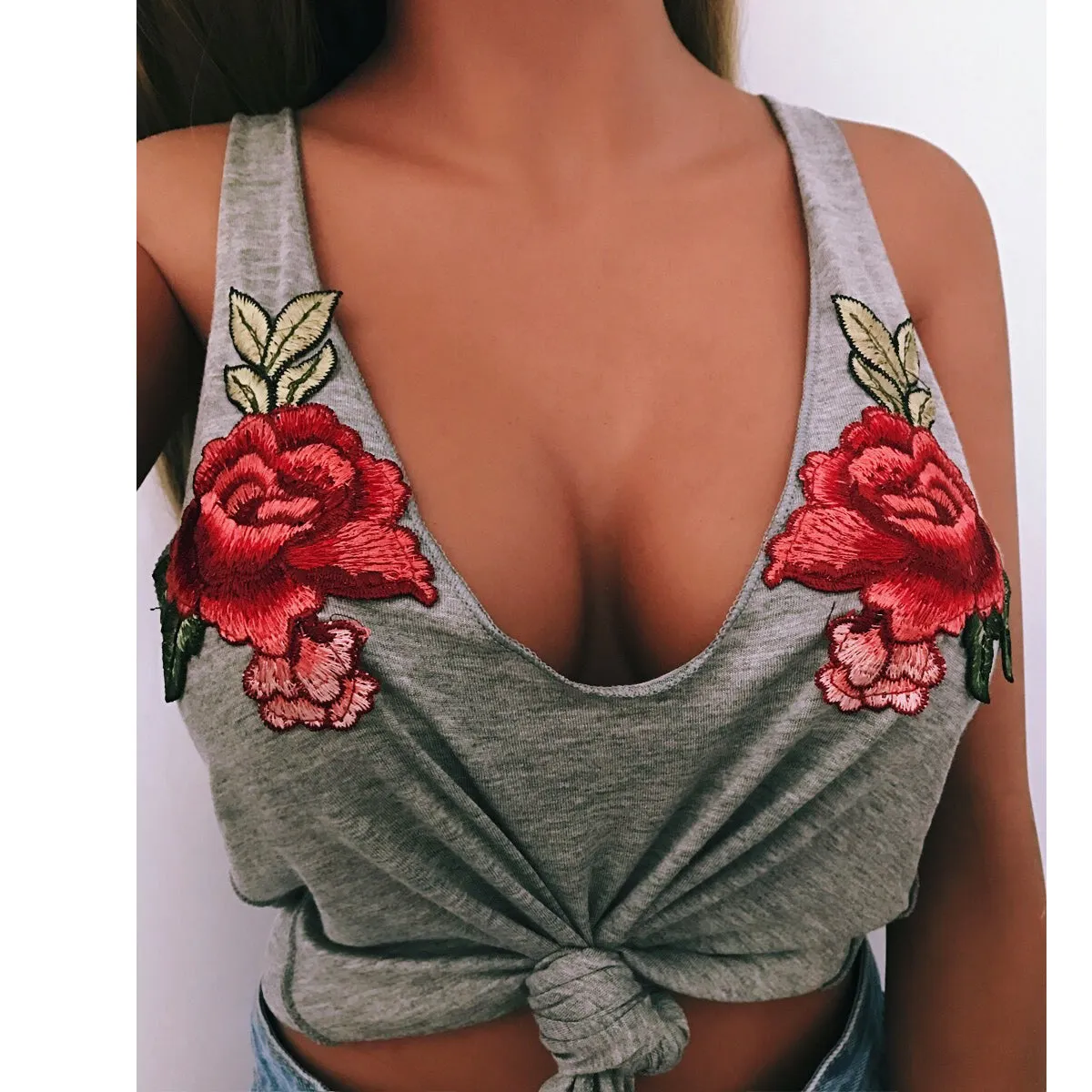 Embroidery Deep V-neck Straps Tank Top