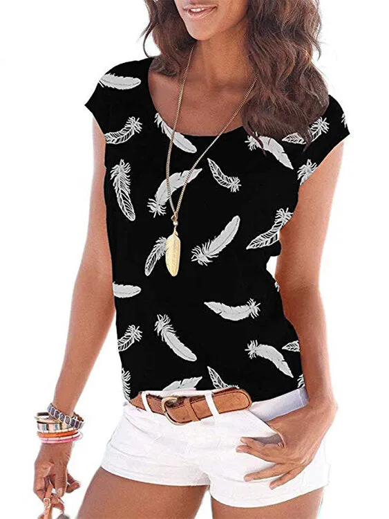 Feather Print Round Neck Sleeveless Loose Women Casual Tank Top