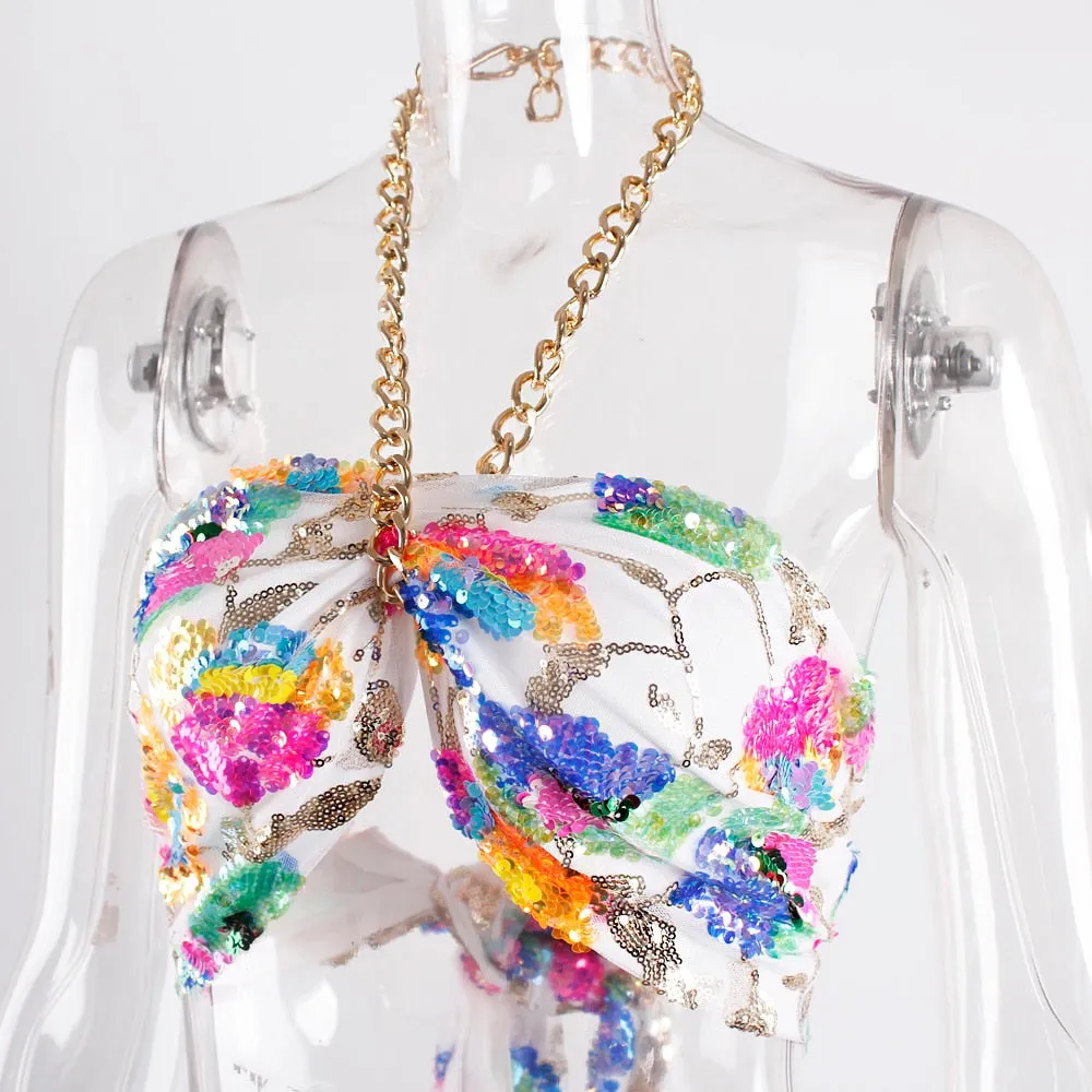 Floral Sequin Embroidery Pink Summer Crop Top