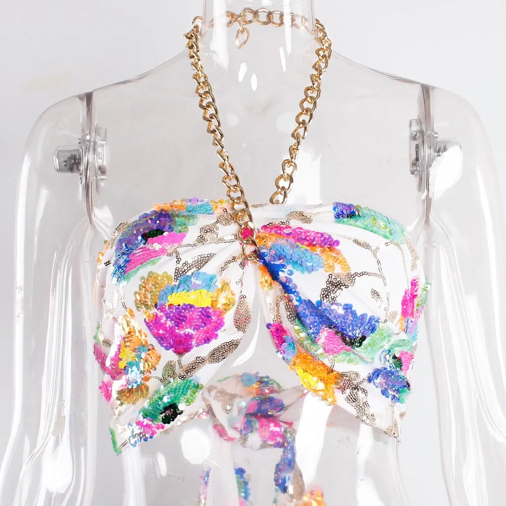 Floral Sequin Embroidery Pink Summer Crop Top
