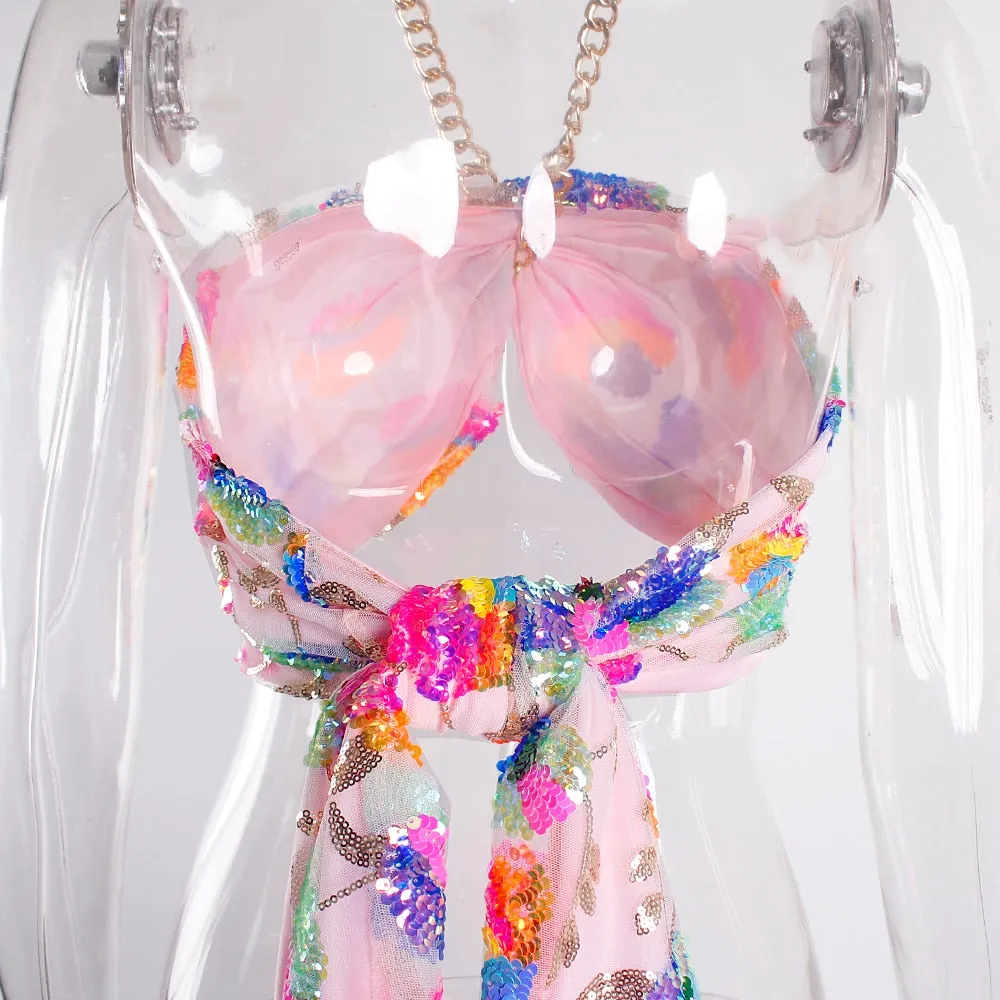Floral Sequin Embroidery Pink Summer Crop Top