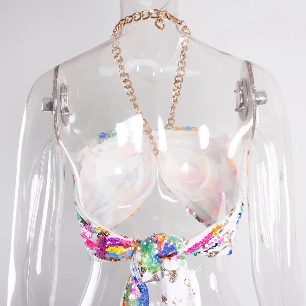 Floral Sequin Embroidery Pink Summer Crop Top