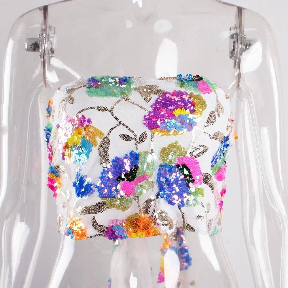 Floral Sequin Embroidery Pink Summer Crop Top