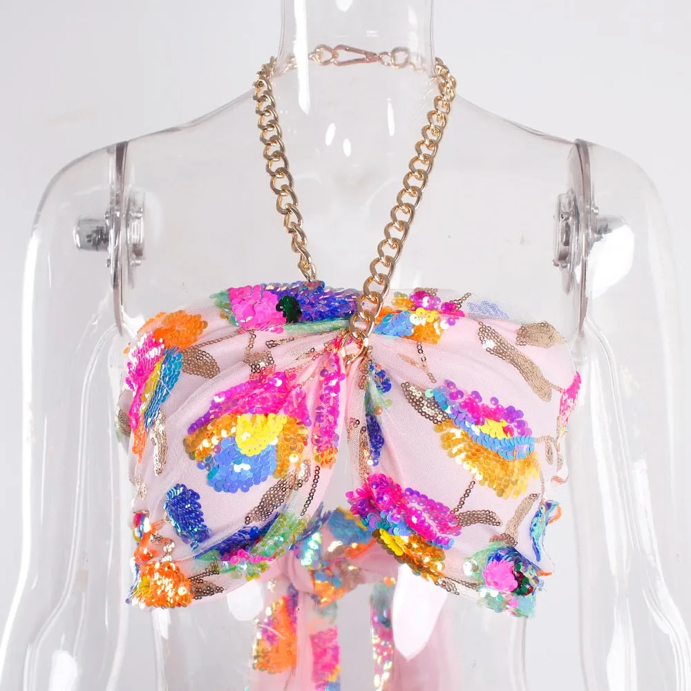Floral Sequin Embroidery Pink Summer Crop Top