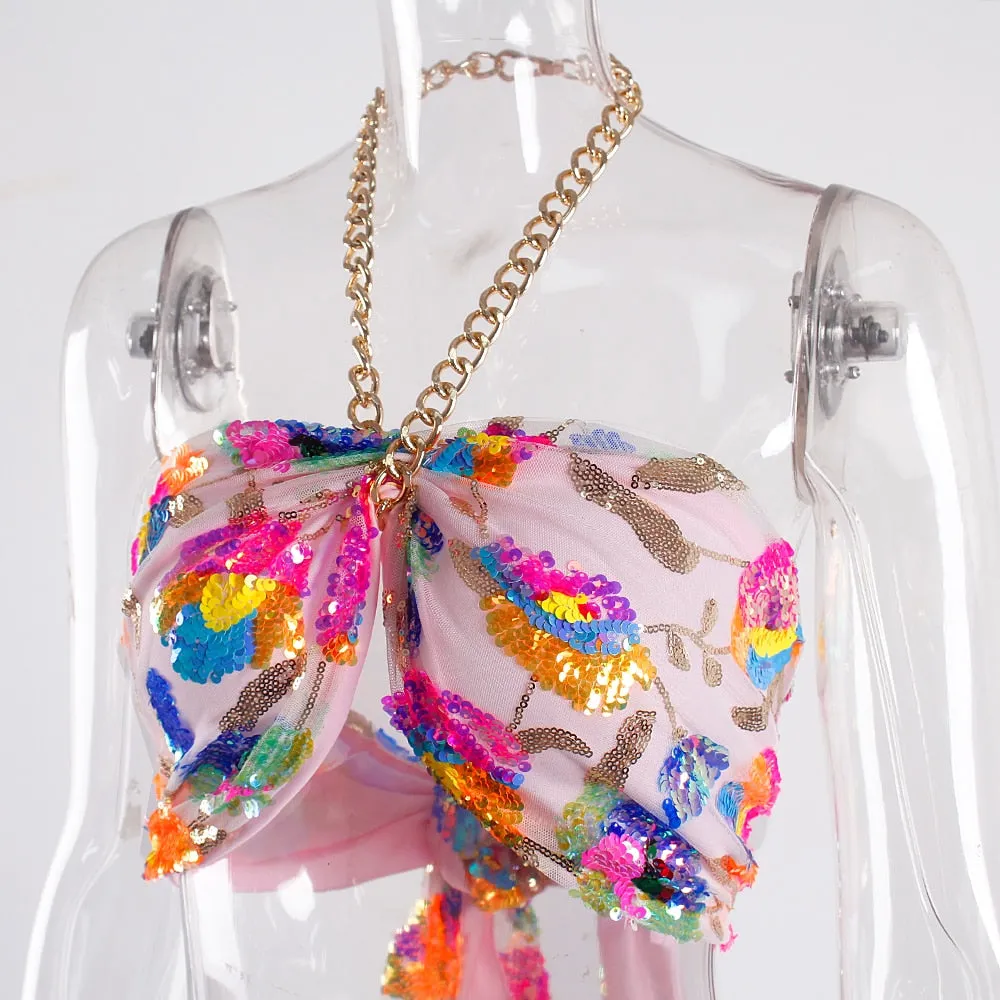Floral Sequin Embroidery Pink Summer Crop Top
