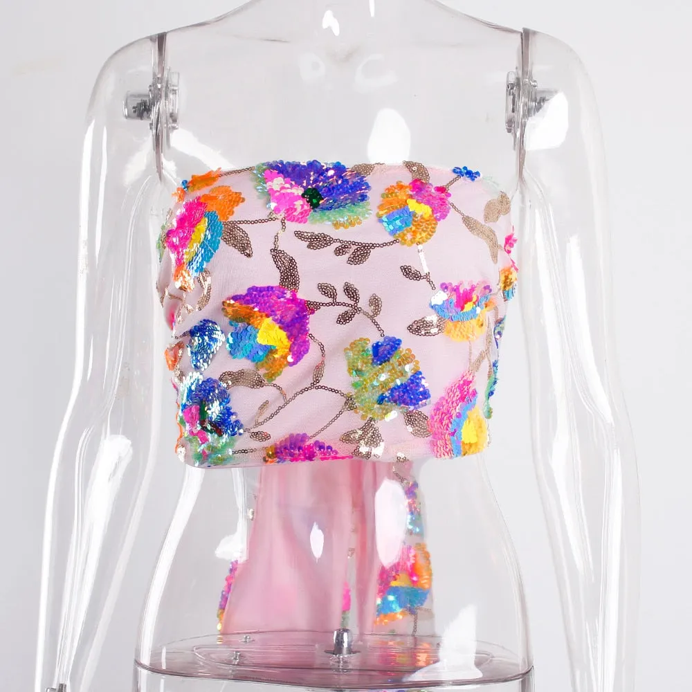 Floral Sequin Embroidery Pink Summer Crop Top