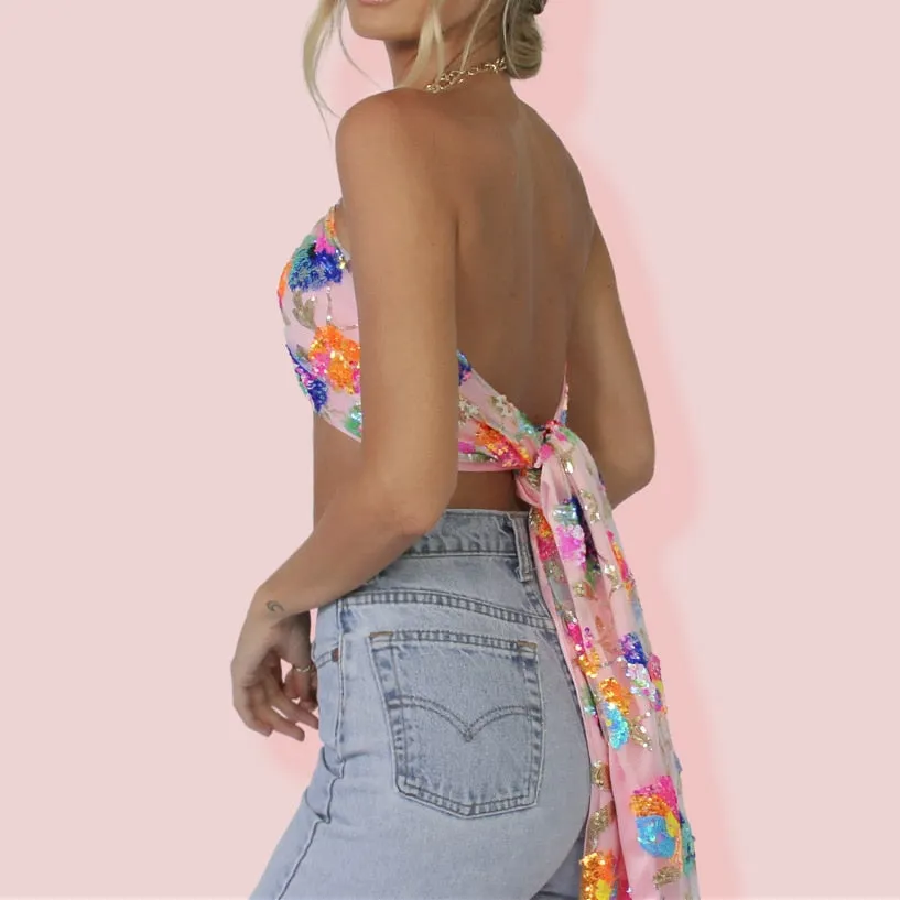 Floral Sequin Embroidery Pink Summer Crop Top
