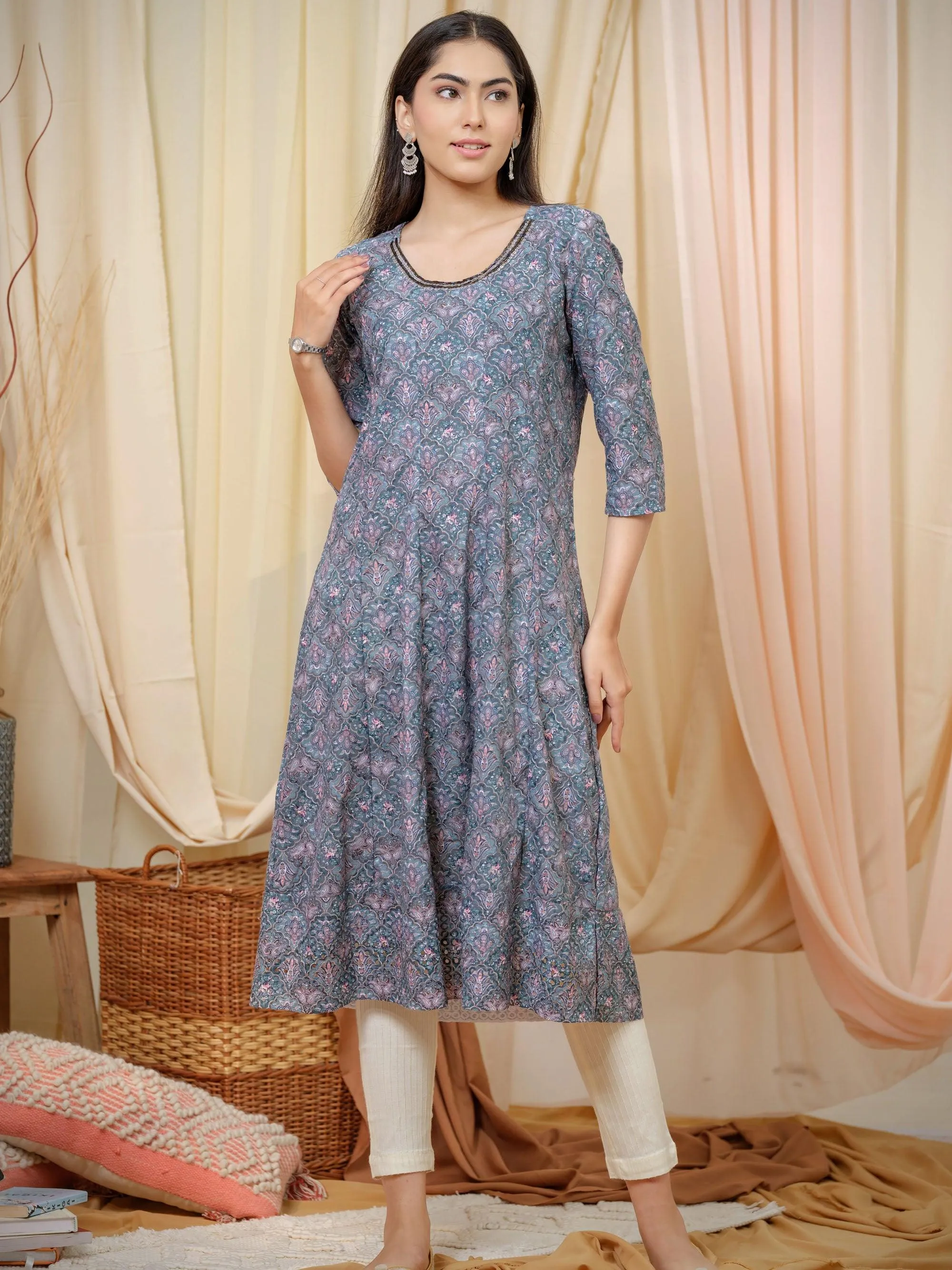 Kali kurta with a round neck and sequin detailing at neck