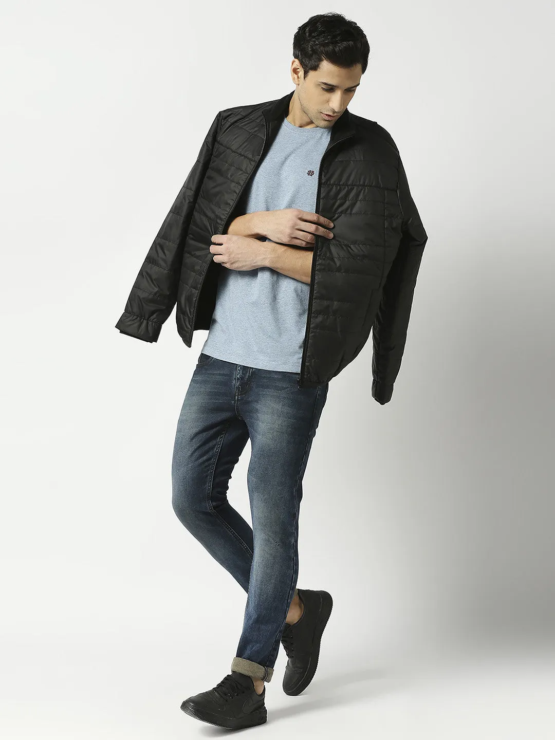 Sky Blue Melange Round Neck Plain T-shirt