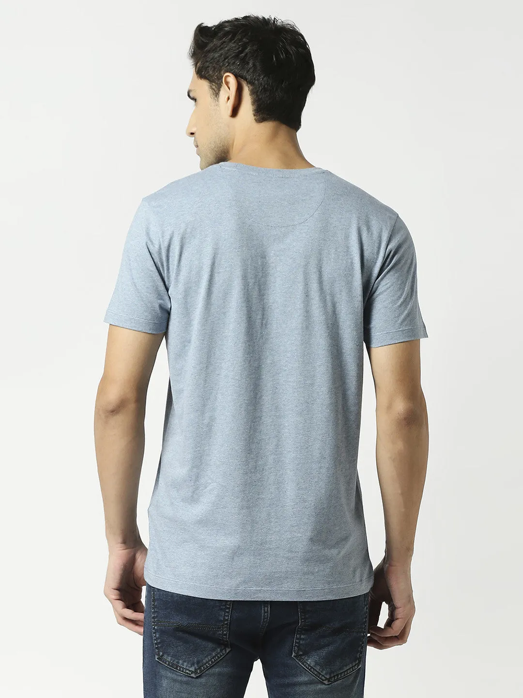 Sky Blue Melange Round Neck Plain T-shirt