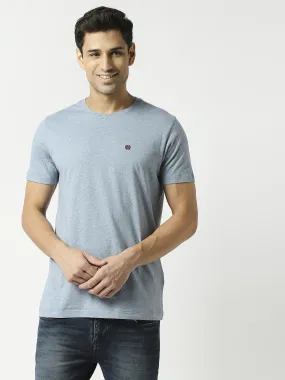 Sky Blue Melange Round Neck Plain T-shirt