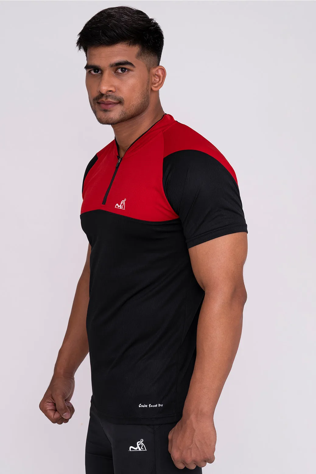 Stand Neck Semi Collar T-Shirts Black Red (D)