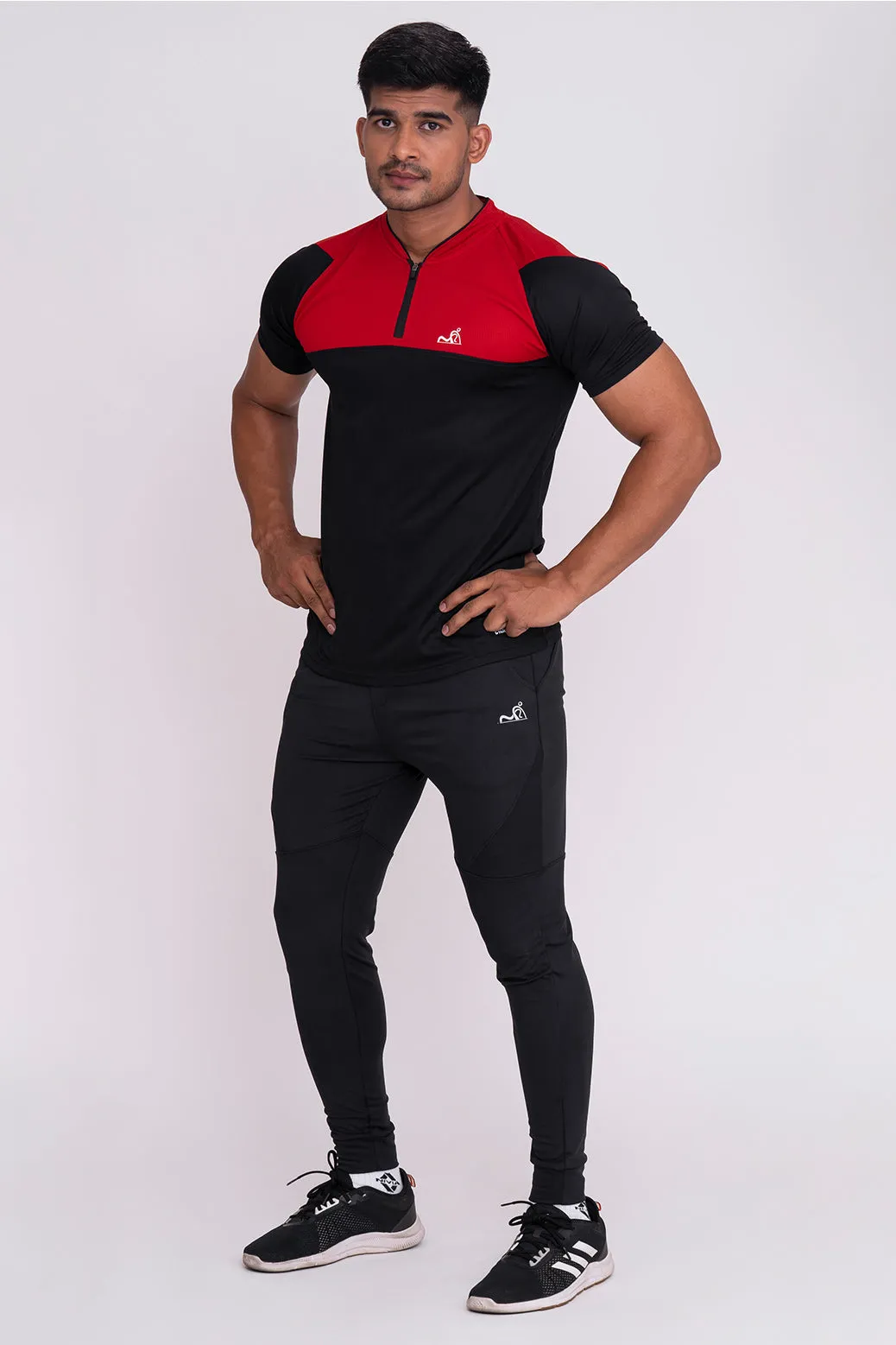 Stand Neck Semi Collar T-Shirts Black Red (D)