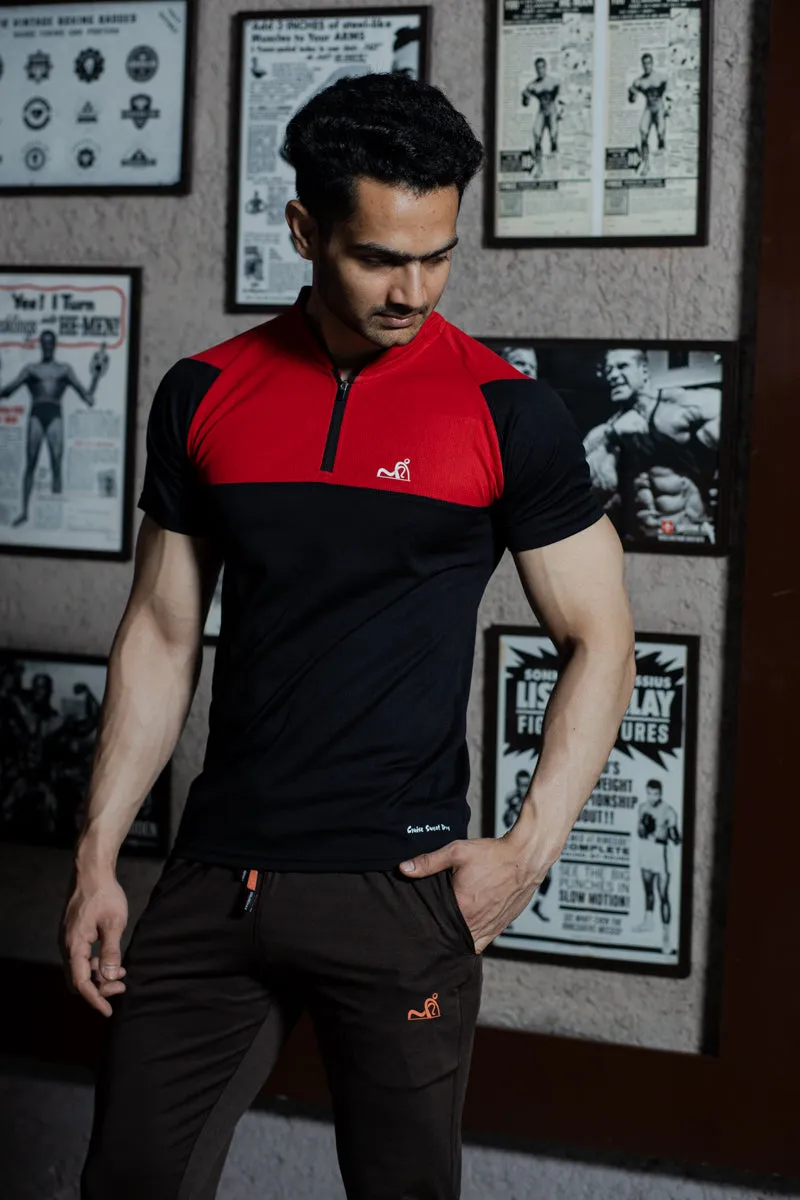 Stand Neck Semi Collar T-Shirts Black Red (D)
