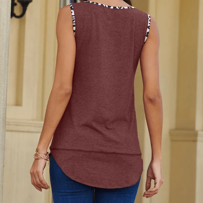 Summer Leopard Patchwork Loose Cutout Tank Tops