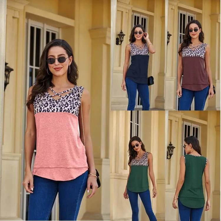 Summer Leopard Patchwork Loose Cutout Tank Tops