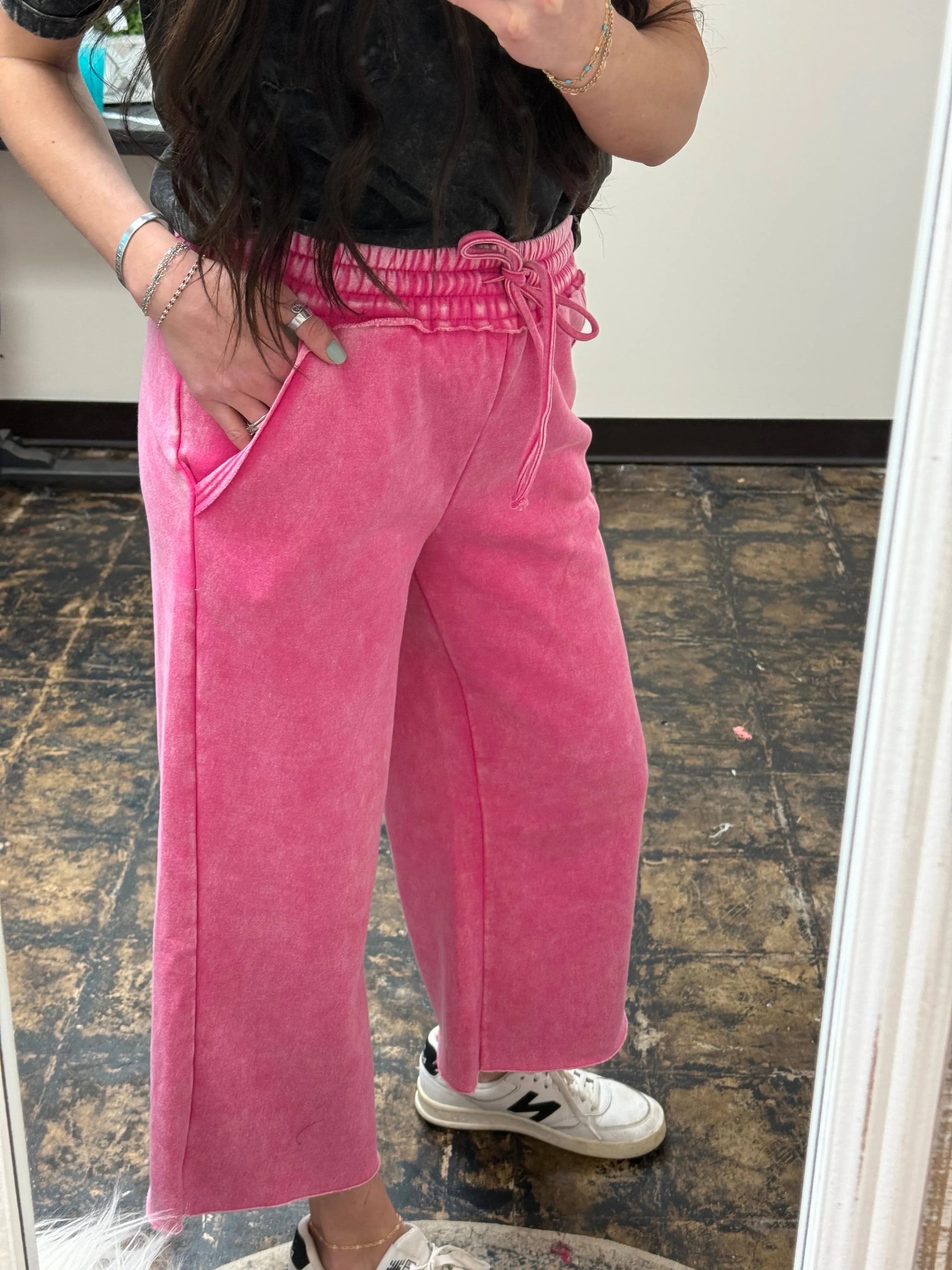 The Gizelle Acid Wash Palazzo Sweatpants - Hot Pink