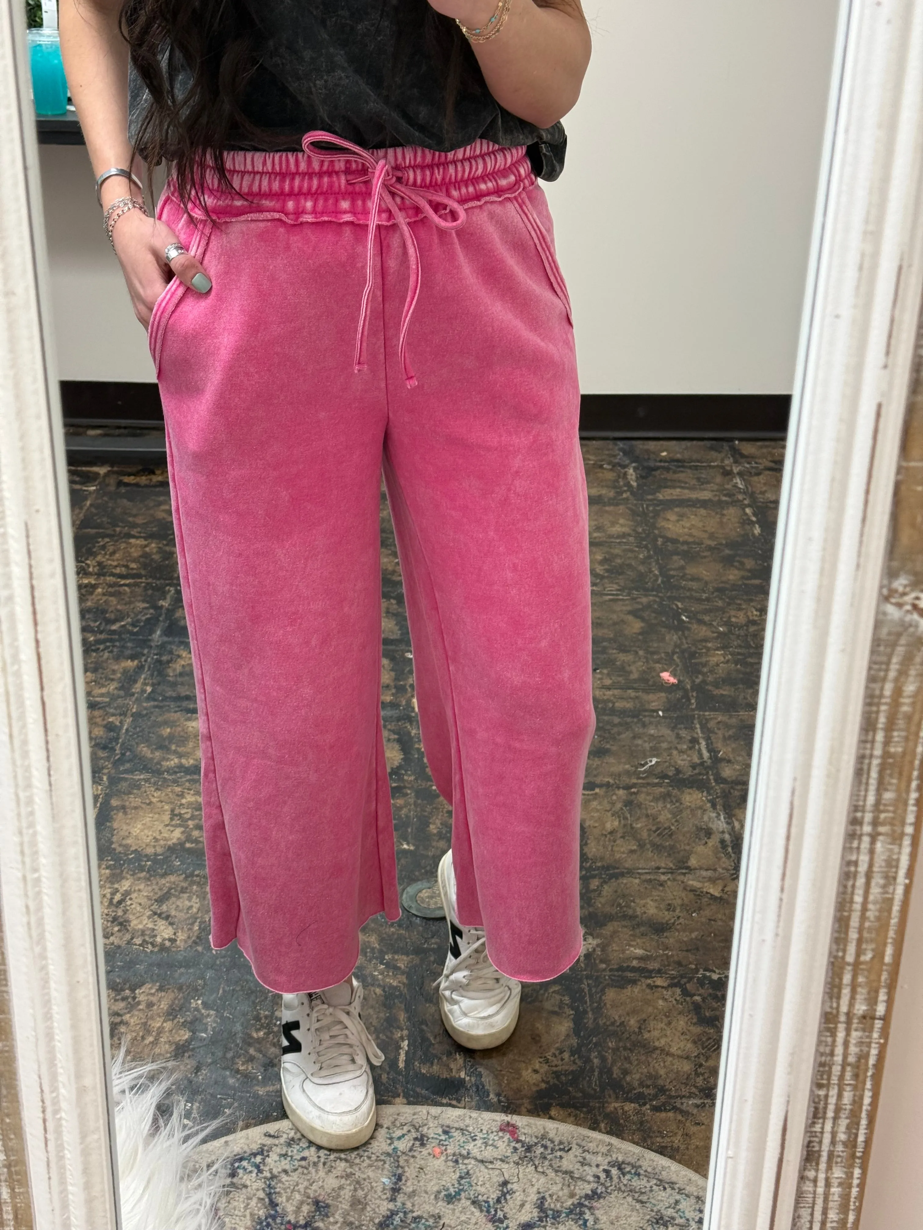The Gizelle Acid Wash Palazzo Sweatpants - Hot Pink