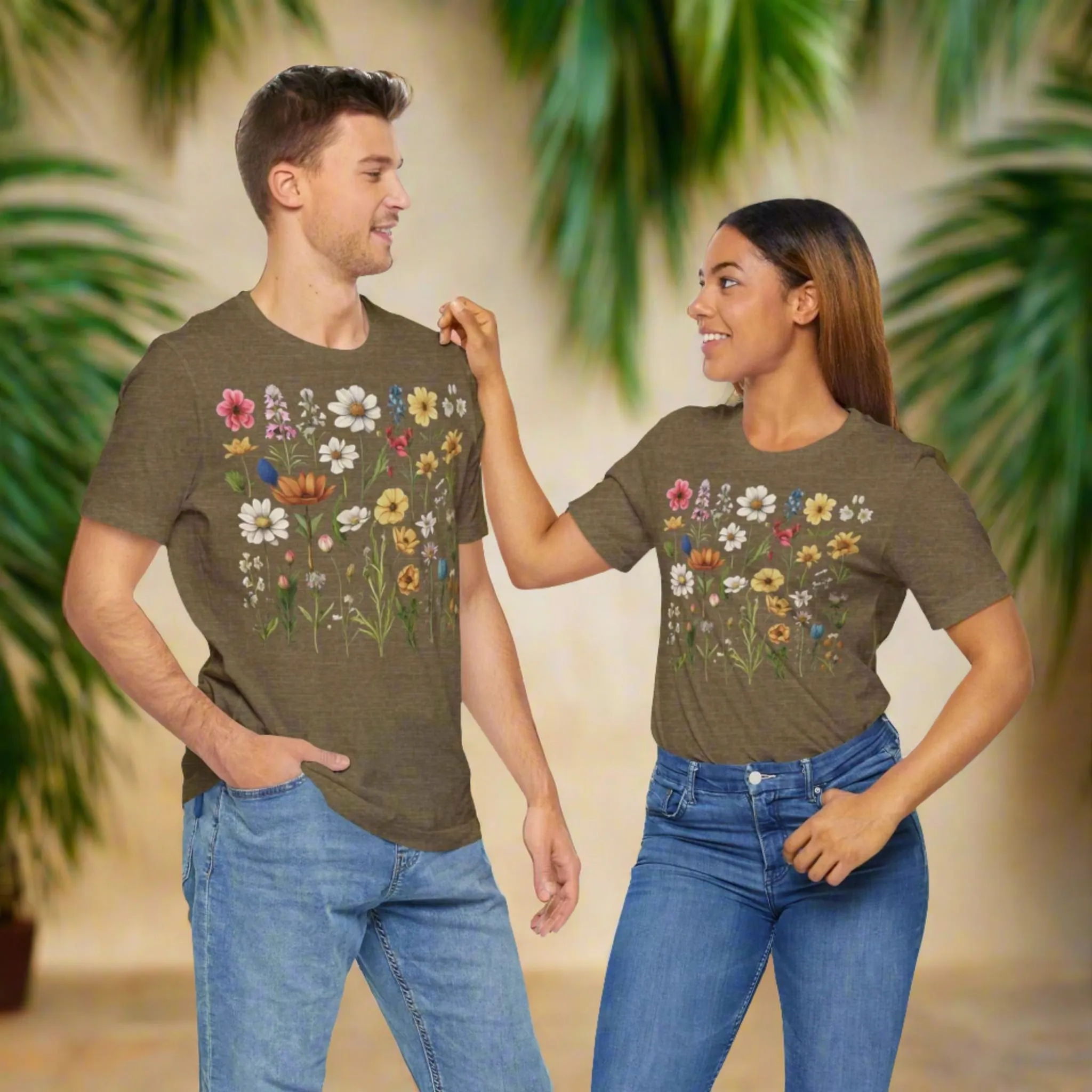 Unisex Vintage Gardening Style Flower Jersey Short Sleeve Tee