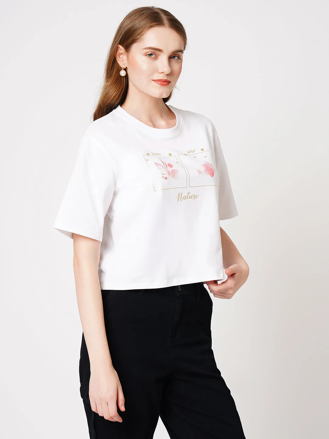 Women Crop Floral Chest Printed T-Shirt