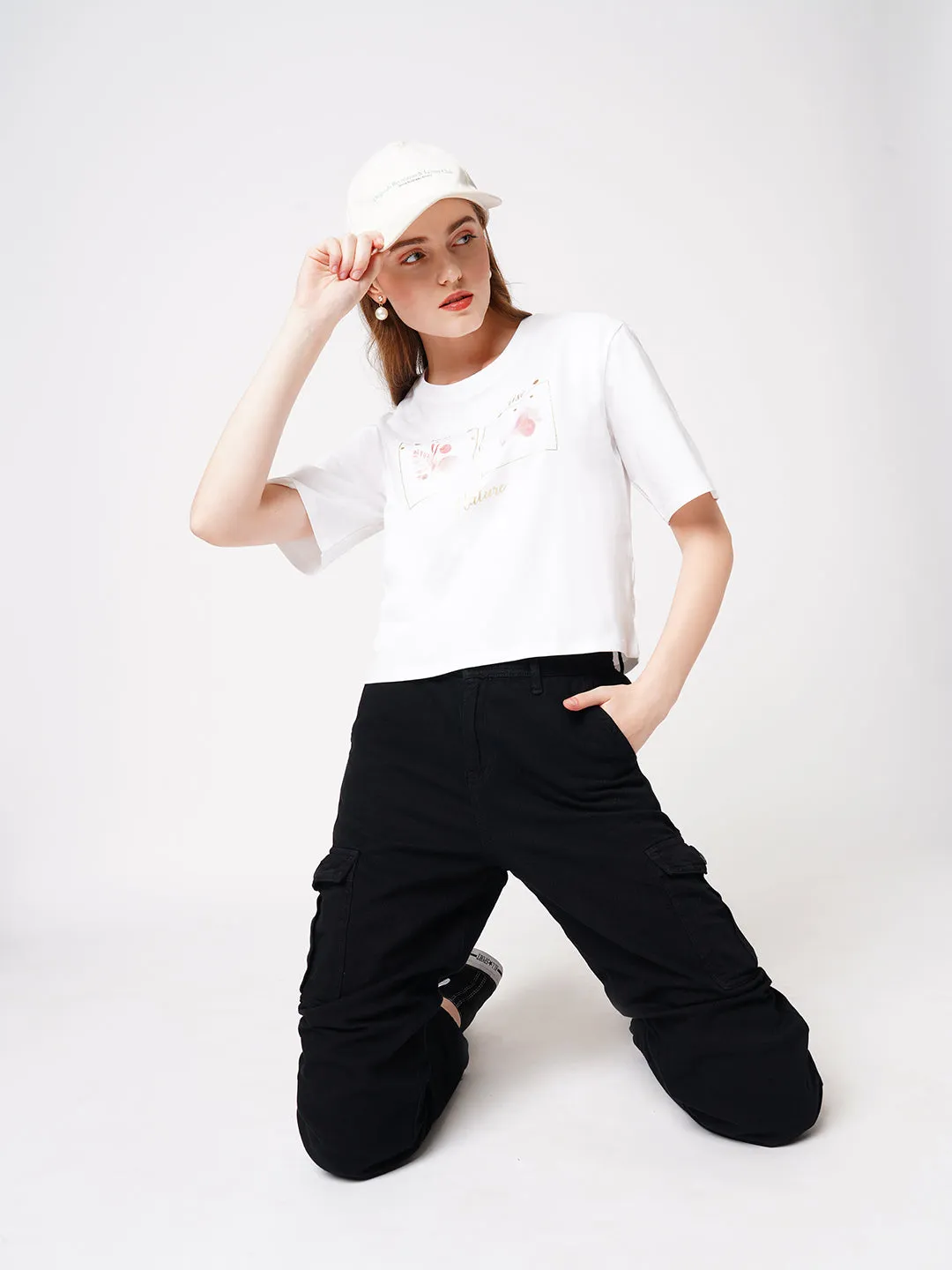 Women Crop Floral Chest Printed T-Shirt