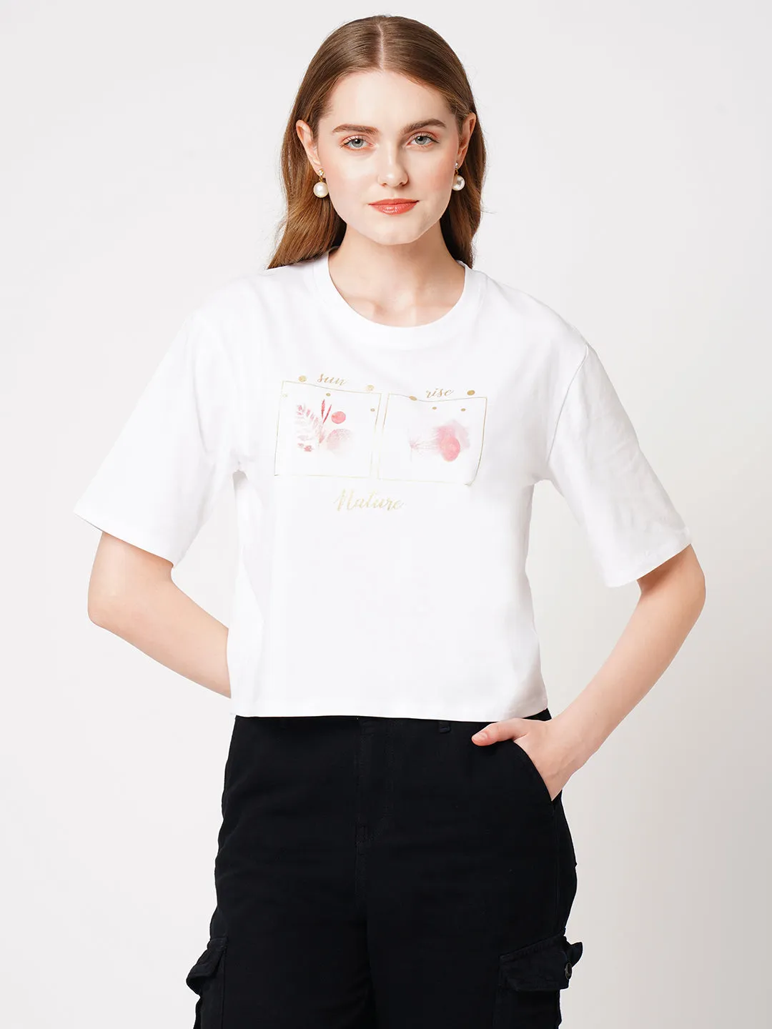 Women Crop Floral Chest Printed T-Shirt