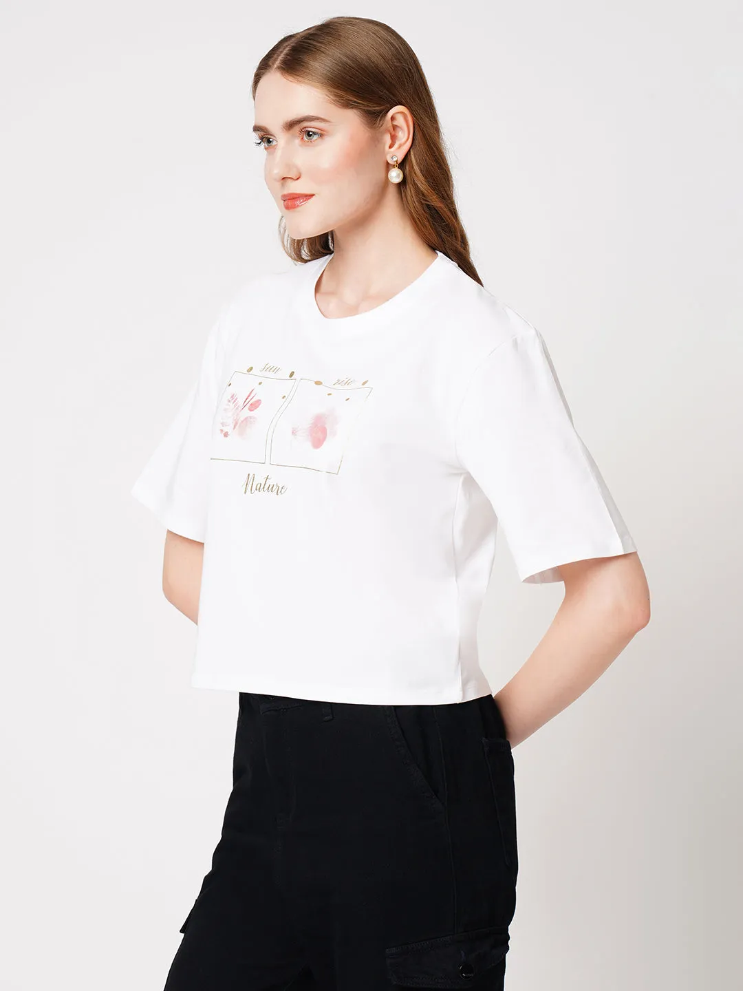 Women Crop Floral Chest Printed T-Shirt